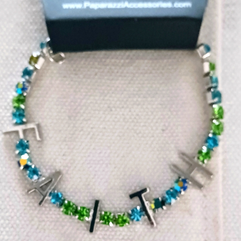 New Blue and Green And Silver Tone Faith Beaded Clasp Bracelet